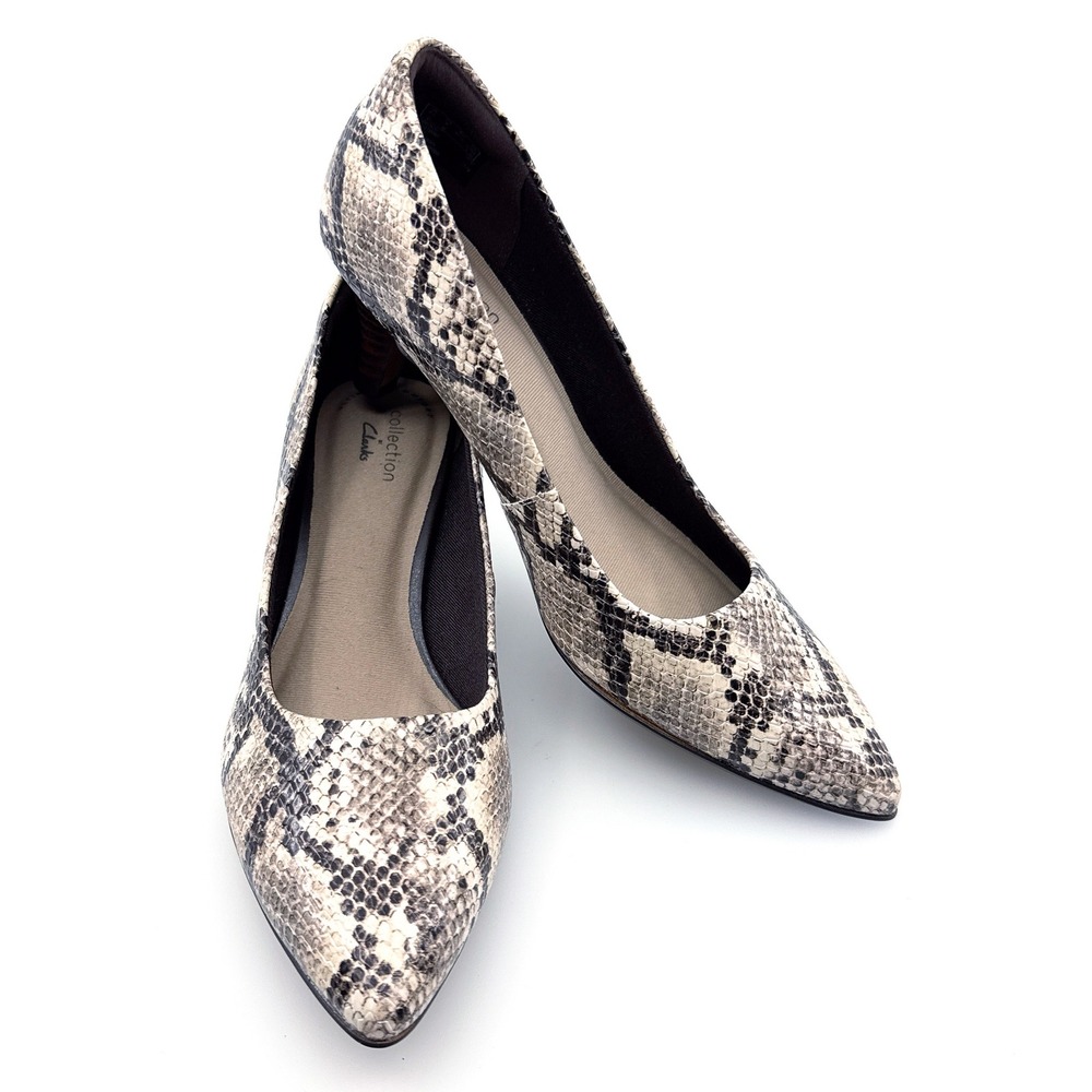 Clarks Linvale Jerica Pump Taupe Snakeskin Pointed Toe Kitten Heel Shoes Sz 7M